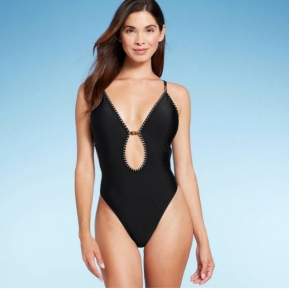 Black One-Piece-with Cream Crochet Trim- Swimsuit with Plunging Neckline